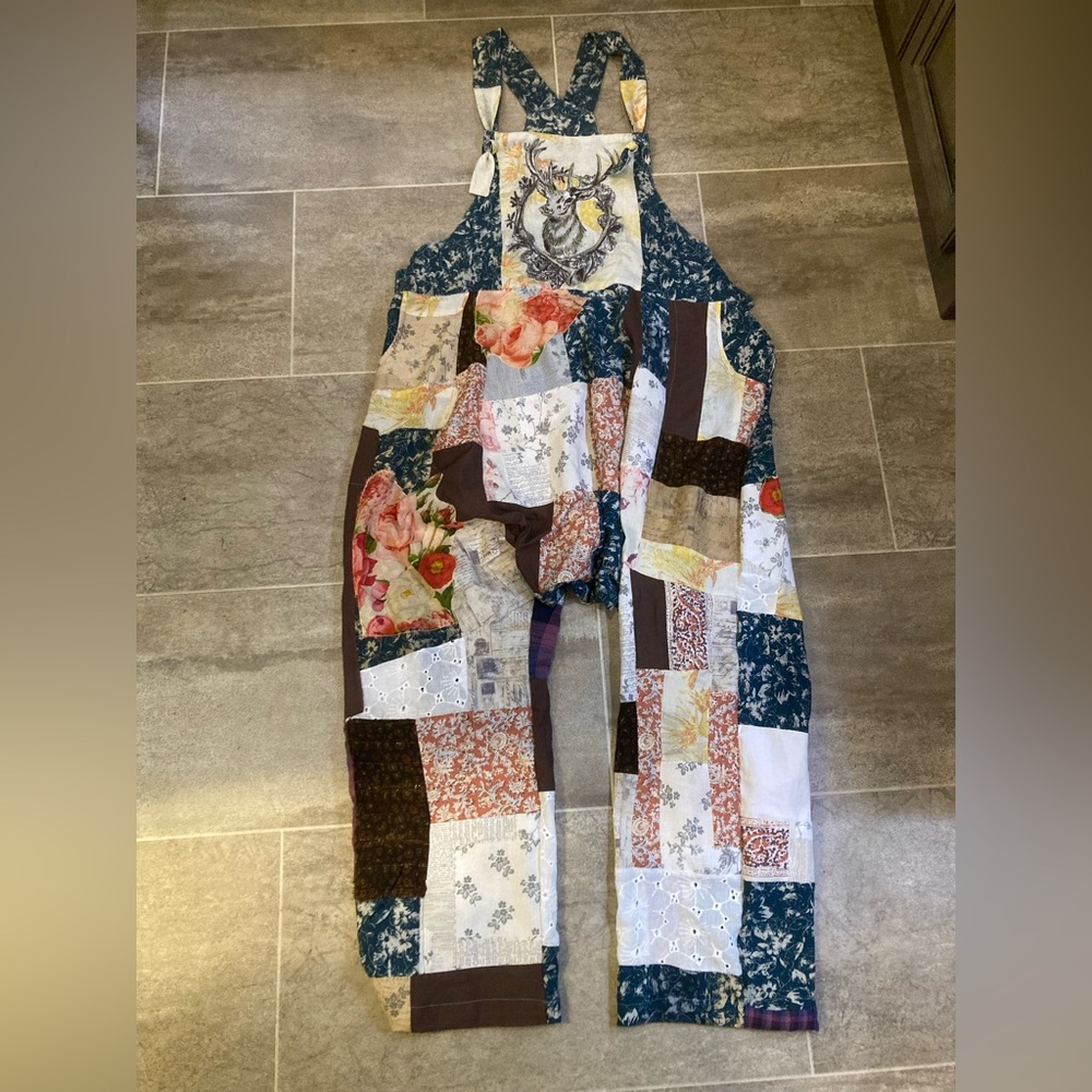 “Clochard de Luxe” Patchwork Floral Overalls in Blue, Cream & Brown - Picture 8 of 12